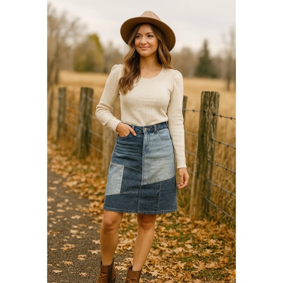 Cato Dresses & Skirts - Boho Western Cottage Cowgirl Rodeo Denim Patchwork Skirt Blue Wash 10‎ Skirt